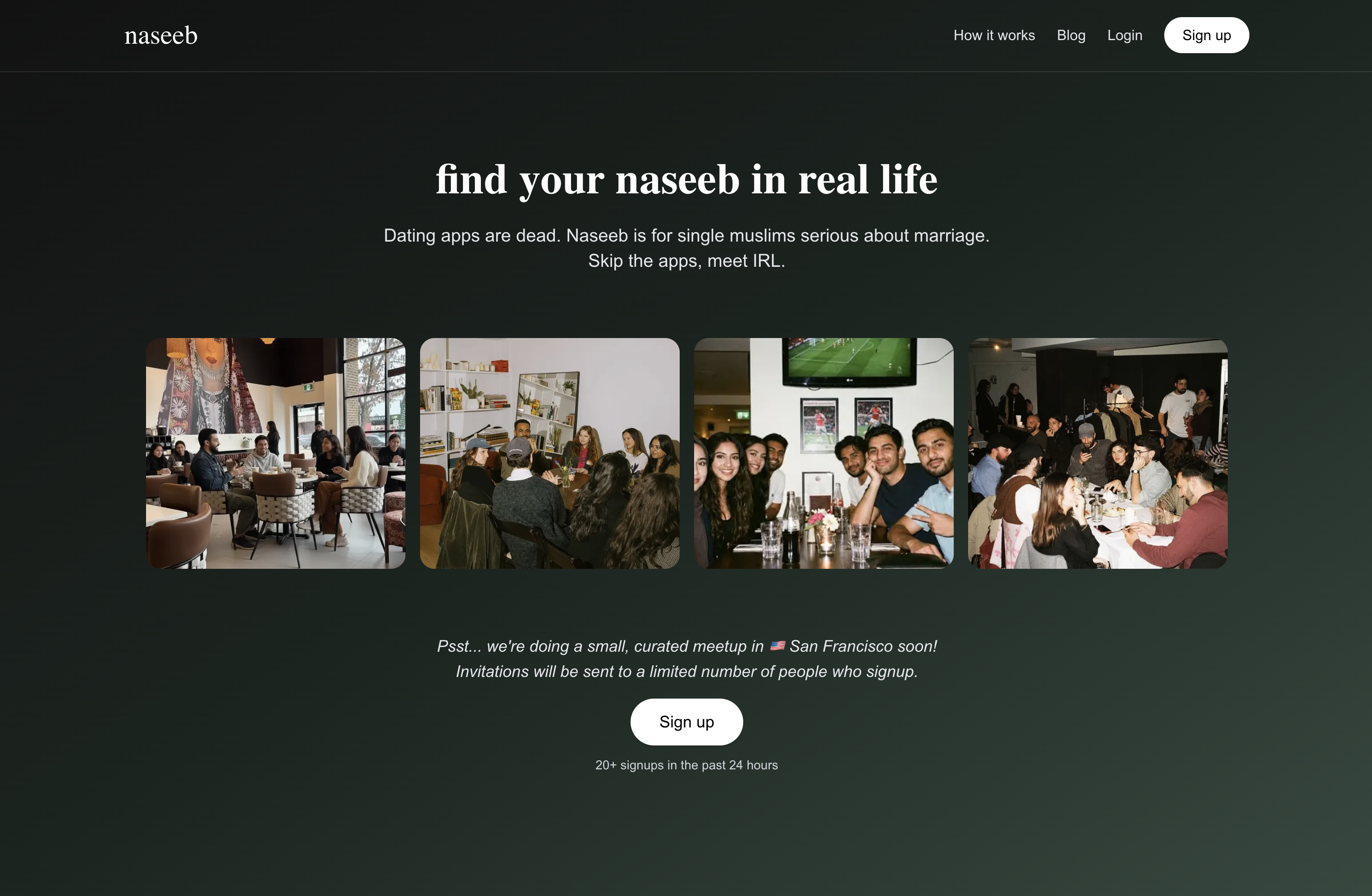 findnaseeb public homepage showing the in-person matchmaking positioning and real event photos