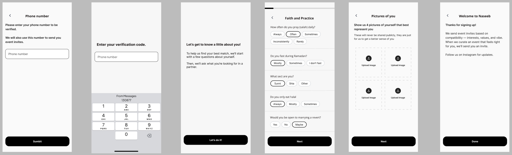 findnaseeb onboarding flow showing phone verification, questionnaire, faith and practice inputs, photo upload, and completion screens